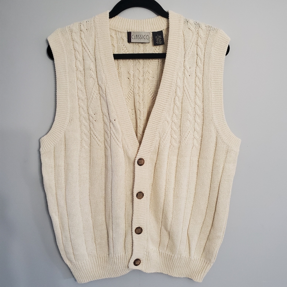 VTG 90s Classico Men's Cream Cable Knit Button Up Vest Sz L NWT Small Flaws